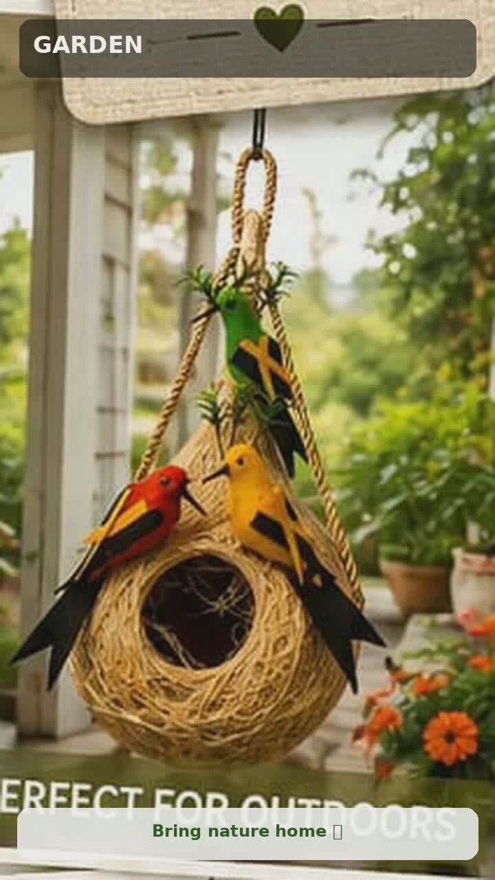Handmade Hanging Bird Nest with Decorative Birds – Natural Straw Bird House