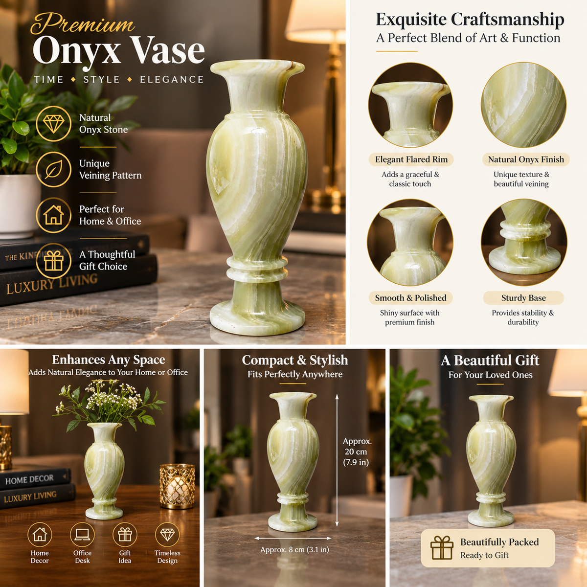 Premium Natural Onyx Stone Vase – Handcrafted Decorative Home Décor