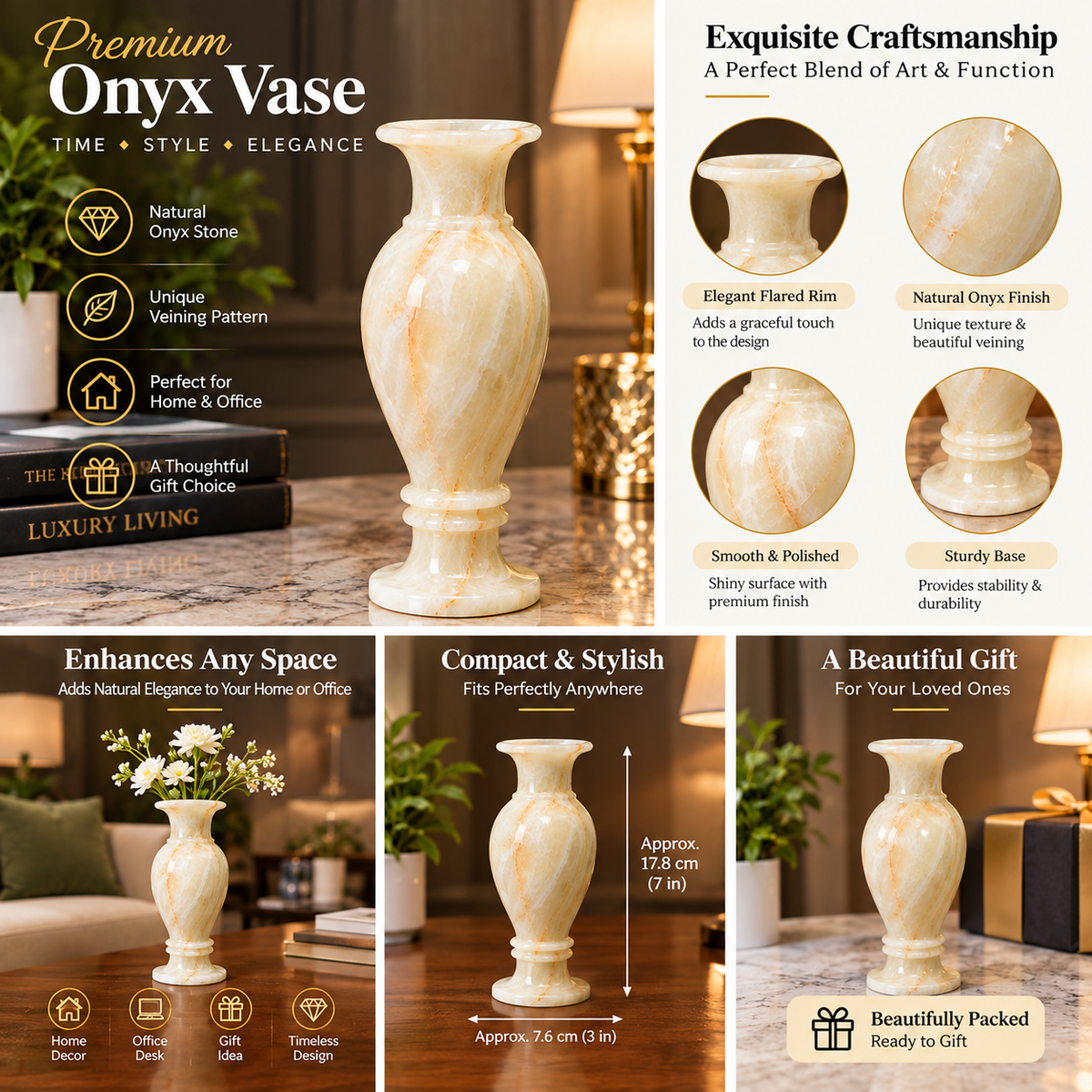 Premium Natural Onyx Stone Vase – Handcrafted Decorative Home Décor