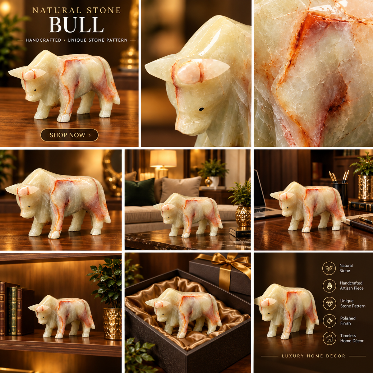 Natural Stone Bull Figurine – Handcrafted Decorative Stone Sculpture