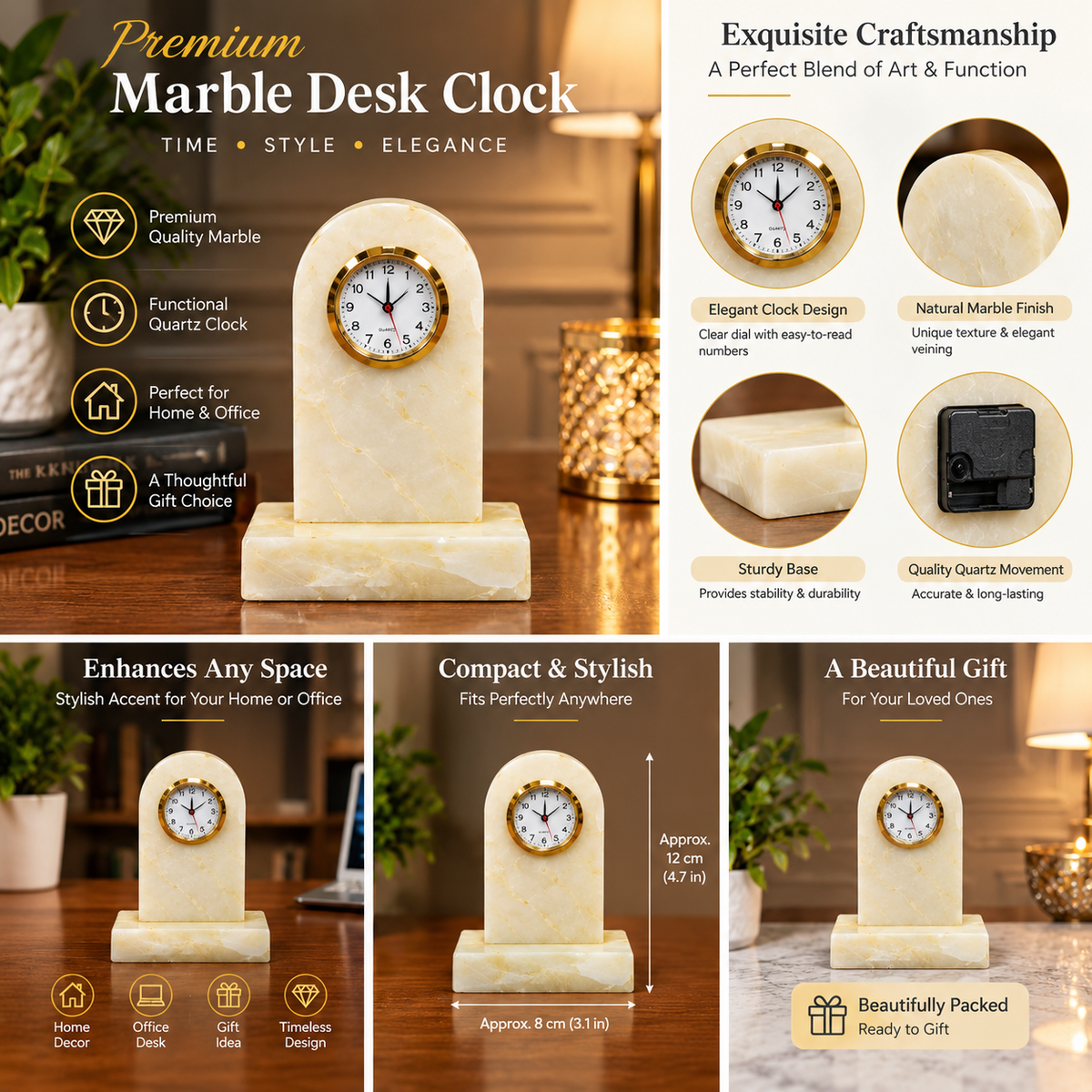 Natural Marble Desk Clock – Handcrafted Luxury Table Clock