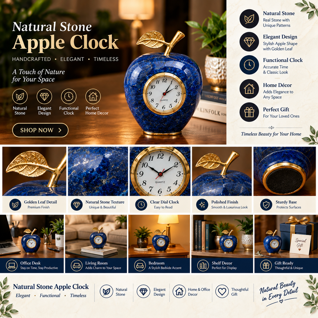 Natural Stone Apple Clock – Handcrafted Green Stone Table Clock with Golden Leaf