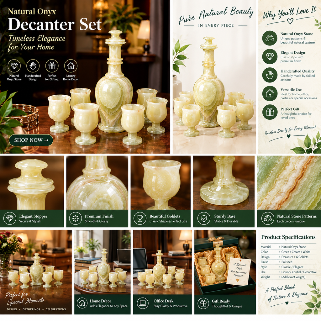 Natural Onyx Decanter & 6 Goblet Set – Handcrafted Stone  Collection