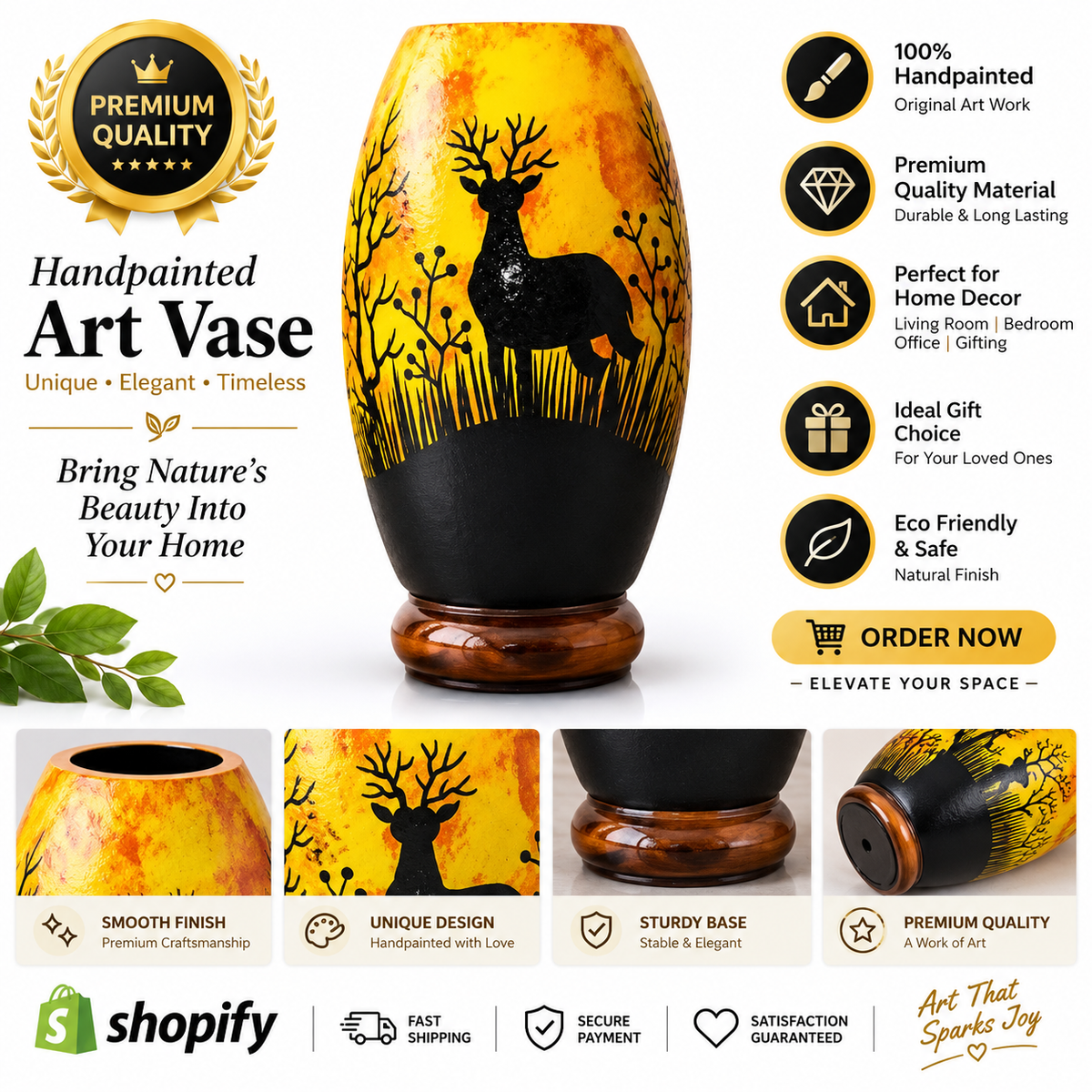 Handpainted Art Vase – Unique Deer Design Decorative Vase