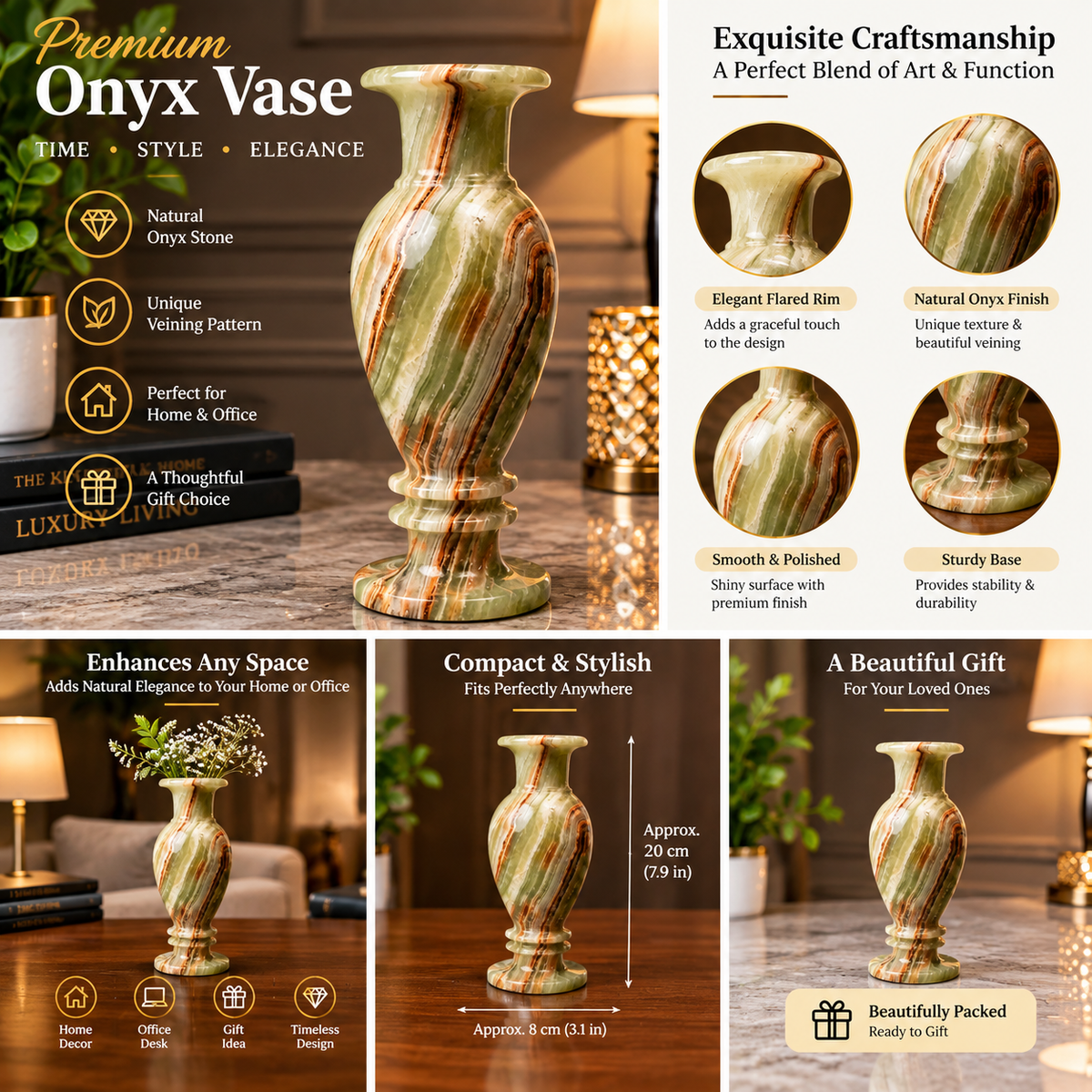 Premium Natural Onyx Stone Vase – Handcrafted Decorative Home Décor