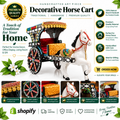 A decorative handcrafted horse cart made from a white horse body with colorful embroidered panels, gold trim, and patterned wheels, shown on a white background with promotional text, feature icons, and inset detail photos. Shopify branding is visible at the bottom.