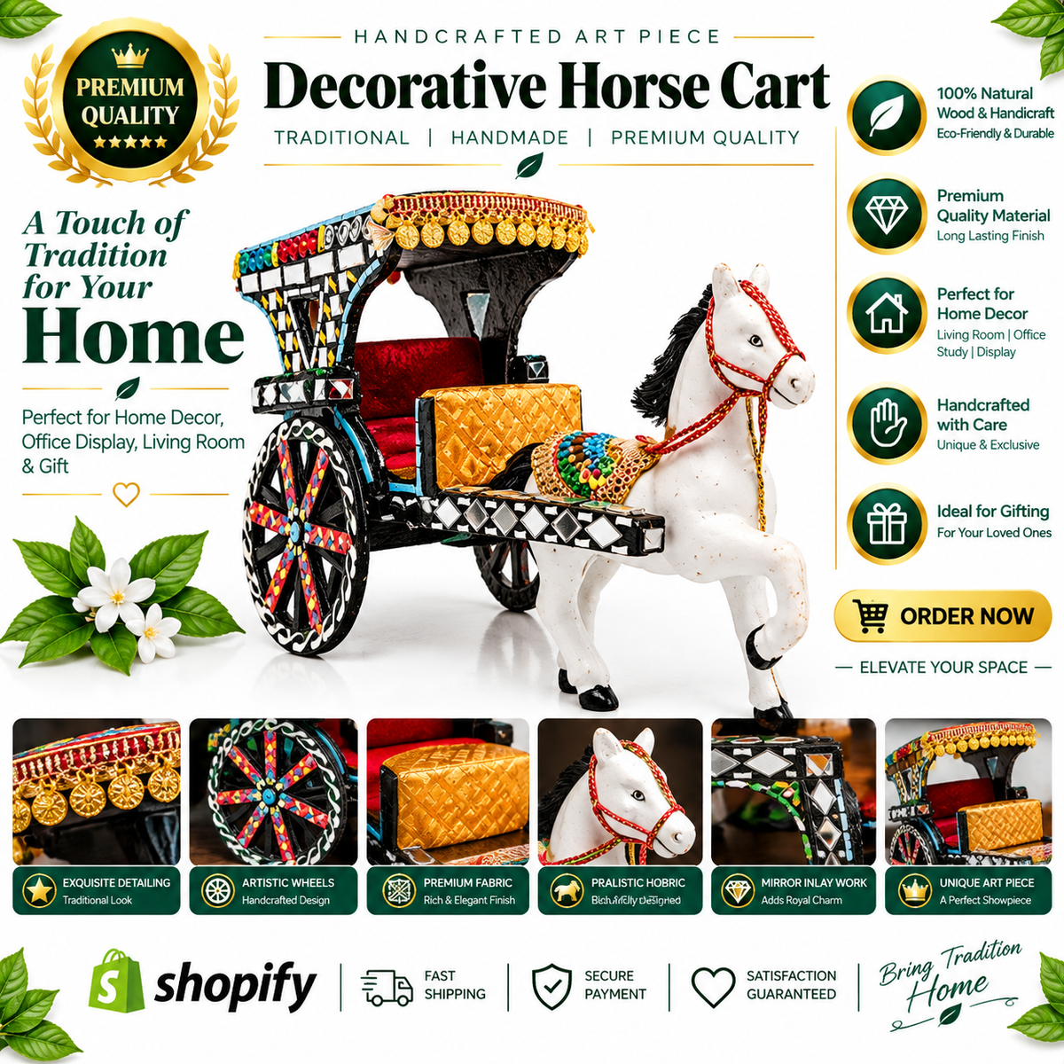 A decorative handcrafted horse cart made from a white horse body with colorful embroidered panels, gold trim, and patterned wheels, shown on a white background with promotional text, feature icons, and inset detail photos. Shopify branding is visible at the bottom.