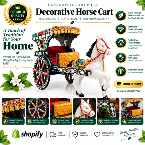 A decorative handcrafted horse cart made from a white horse body with colorful embroidered panels, gold trim, and patterned wheels, shown on a white background with promotional text, feature icons, and inset detail photos. Shopify branding is visible at the bottom.