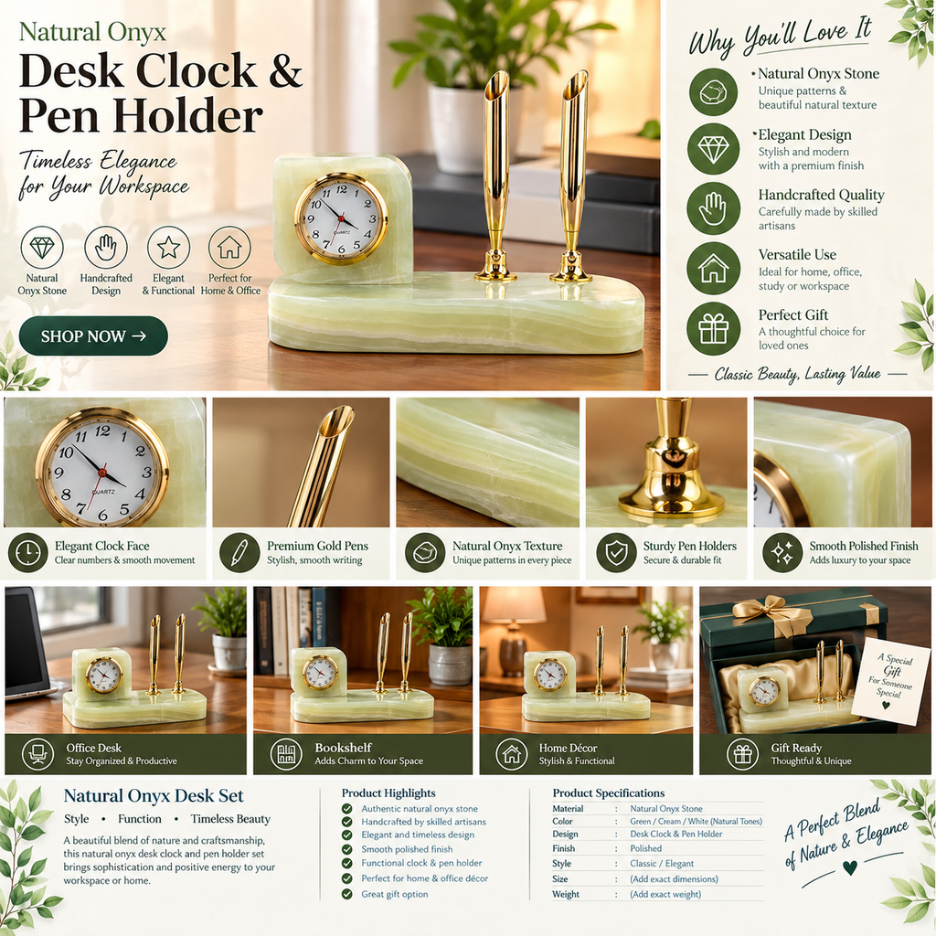 Natural Onyx Desk Clock & Pen Holder Set – Elegant Stone Office Organizer