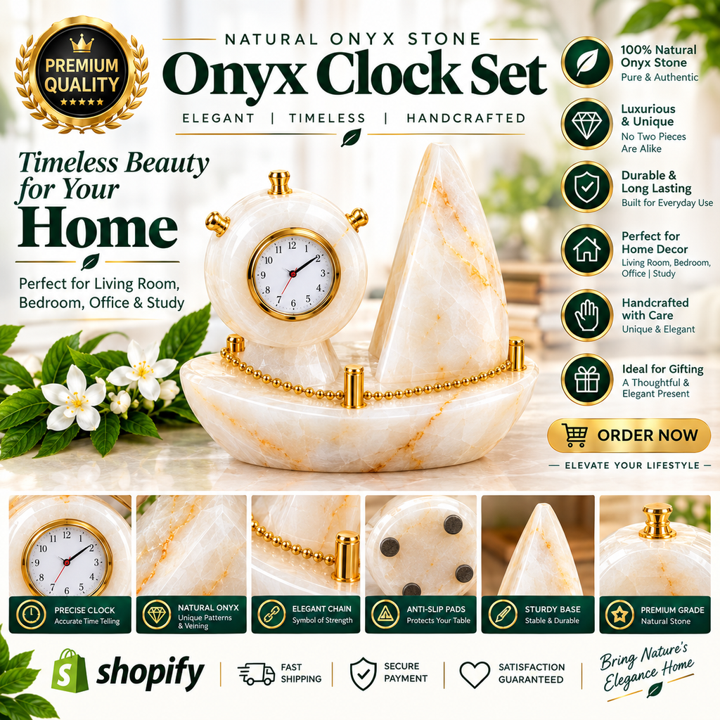 Natural Onyx Stone Clock Set – Elegant Handcrafted Home Décor Timeless Beauty, Crafted from Natural Onyx