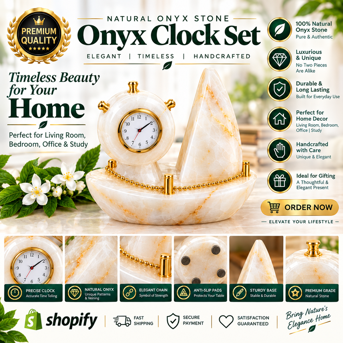 Natural Onyx Stone Clock Set – Elegant Handcrafted Home Décor Timeless Beauty, Crafted from Natural Onyx