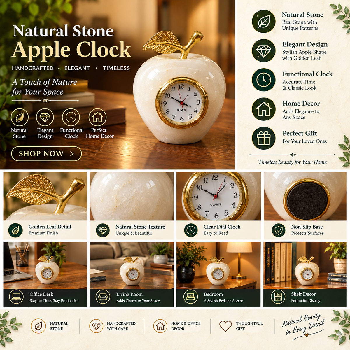 Natural Stone Apple Clock – Handcrafted Green Stone Table Clock with Golden Leaf