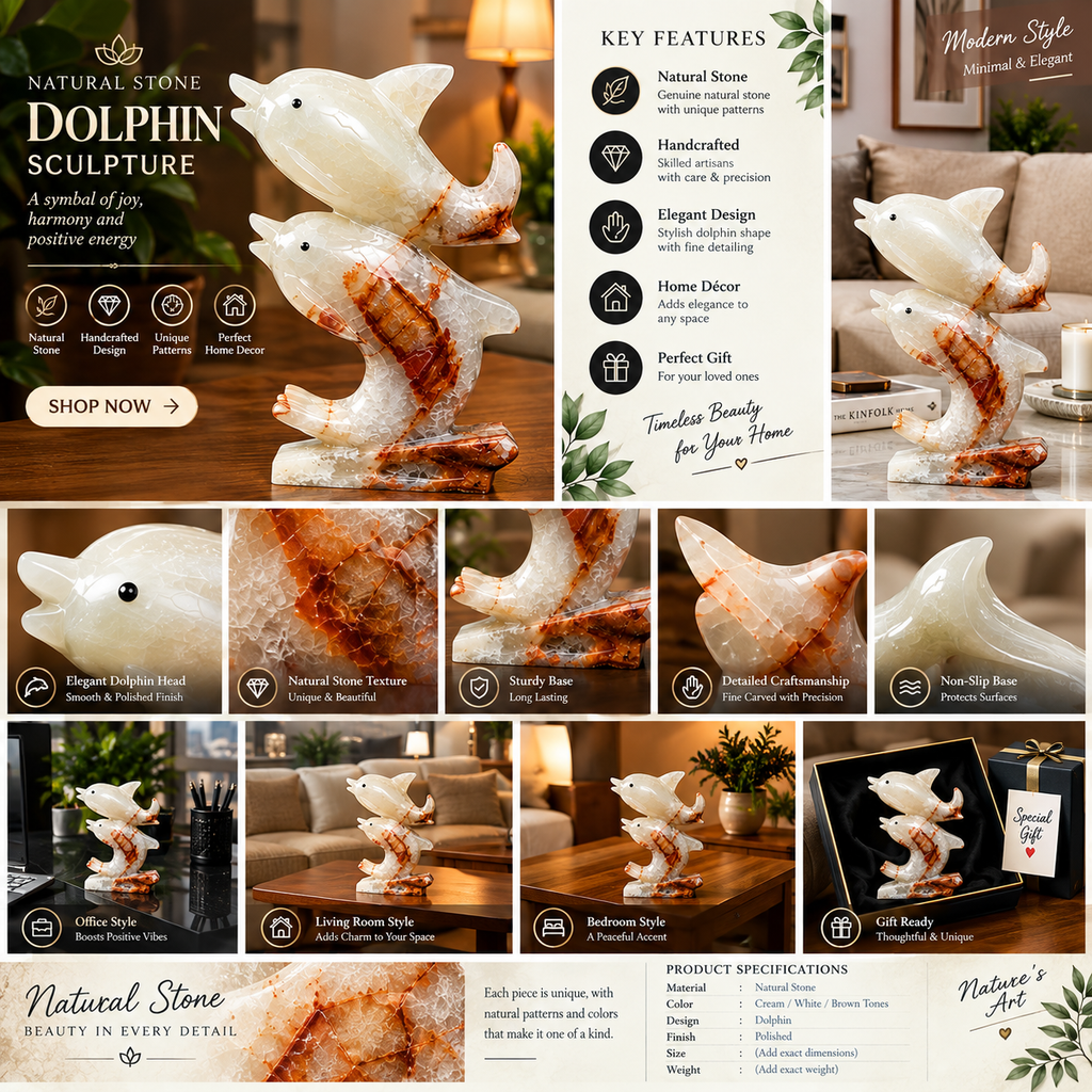 Natural Stone Dolphin Sculpture – Handcrafted Double Dolphin Decorative Figurine