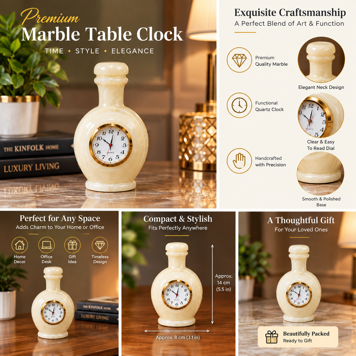 Natural Marble Table Clock – Handcrafted Luxury Decorative Clock