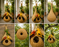 Handmade Hanging Bird Nest with Decorative Birds – Natural Straw Bird House