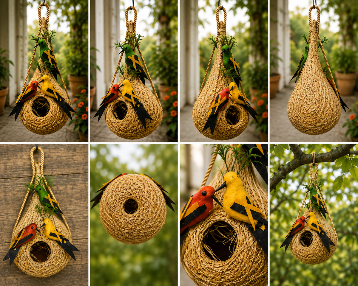 Handmade Hanging Bird Nest with Decorative Birds – Natural Straw Bird House