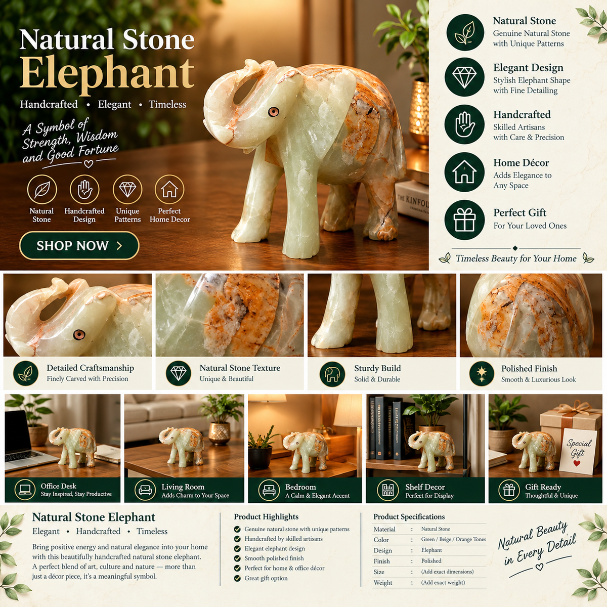Natural Stone Elephant Statue – Handcrafted Decorative Elephant Figurine