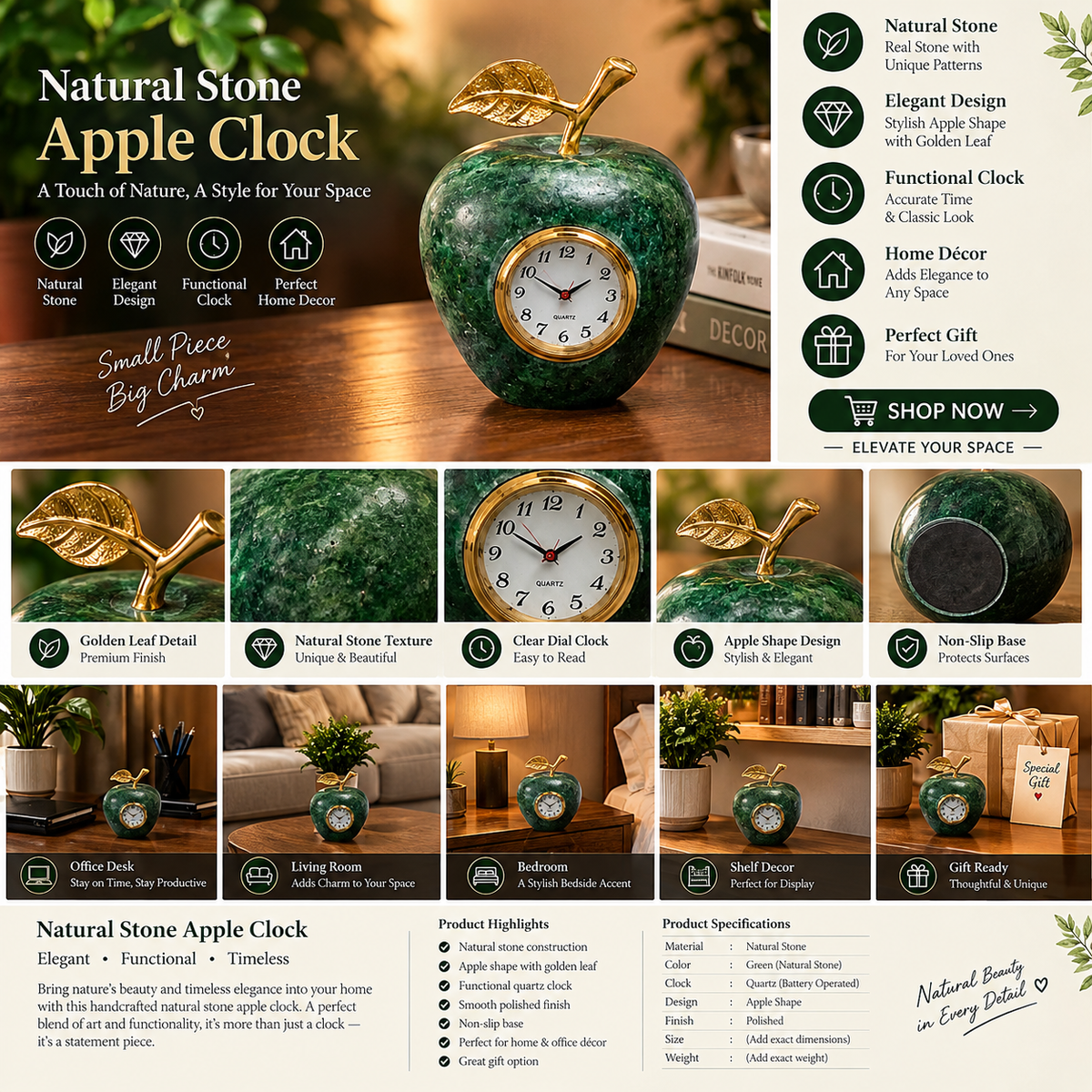 Natural Stone Apple Clock – Handcrafted Green Stone Table Clock with Golden Leaf