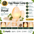 An egg-shaped natural onyx stone lamp glowing with warm light, displayed on a decorative base with flowers and green leaves. The image includes marketing text, feature icons, small inset photos of the lamp in different lighting, and Shopify branding at the bottom.