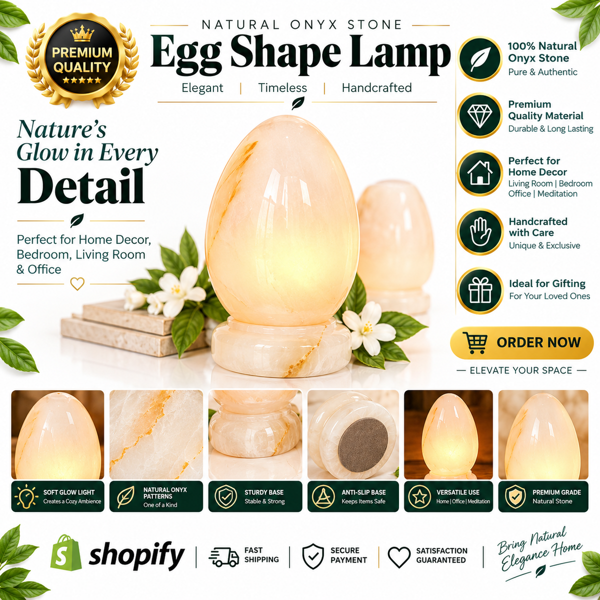 An egg-shaped natural onyx stone lamp glowing with warm light, displayed on a decorative base with flowers and green leaves. The image includes marketing text, feature icons, small inset photos of the lamp in different lighting, and Shopify branding at the bottom.