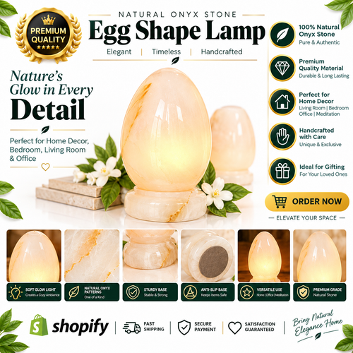 An egg-shaped natural onyx stone lamp glowing with warm light, displayed on a decorative base with flowers and green leaves. The image includes marketing text, feature icons, small inset photos of the lamp in different lighting, and Shopify branding at the bottom.