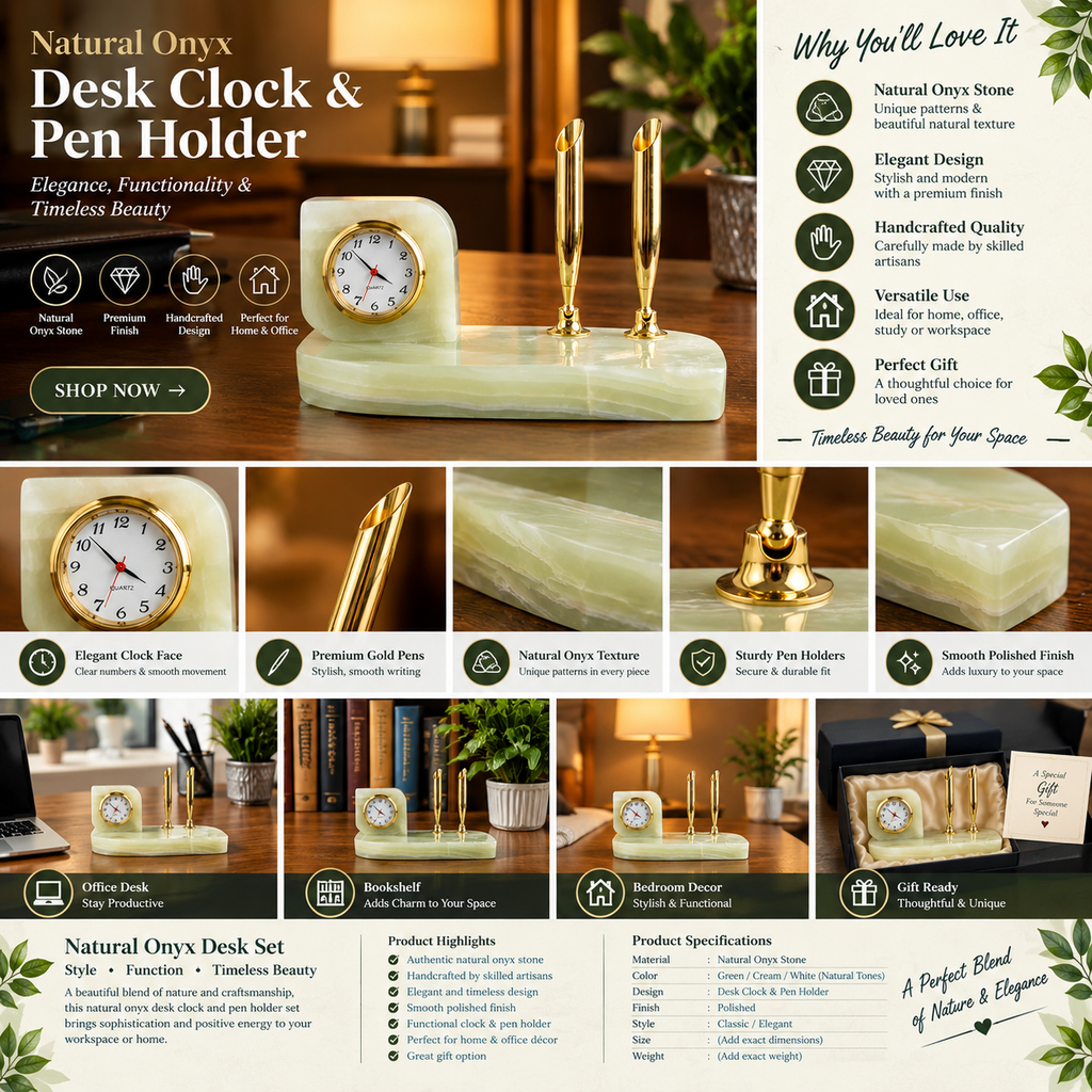 Natural Onyx Desk Clock & Pen Holder Set – Elegant Stone Office Organizer