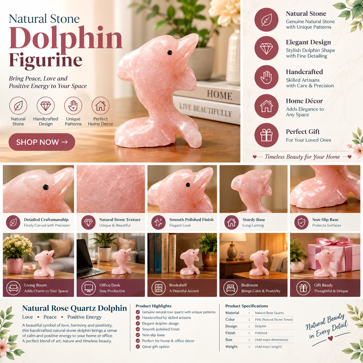 Pink Natural Stone Dolphin Figurine – Handcrafted Decorative Sculpture