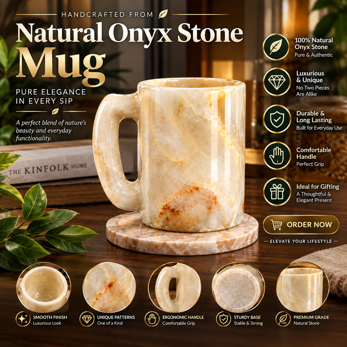 Natural Onyx Stone | Handcrafted | Unique Veining | Polished Finish | Comfortable Handle | Luxury Gift
