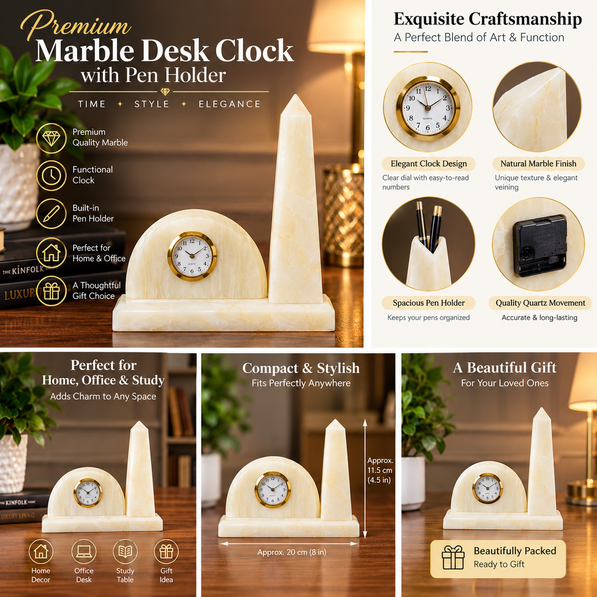 Natural Marble Desk Clock with Pen Holder – Handcrafted Luxury Table Organizer