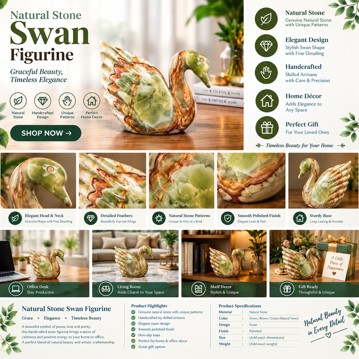 Natural Stone Swan Sculpture – Handcrafted Decorative Swan Figurine