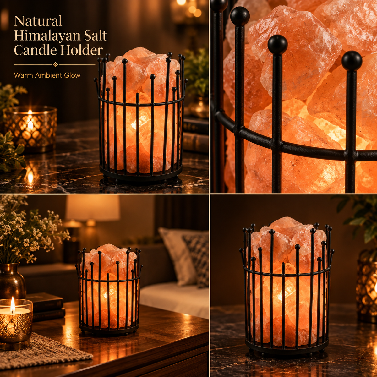 Natural Himalayan Salt Candle Holder – Handcrafted Glow Lamp with Black Metal Cage