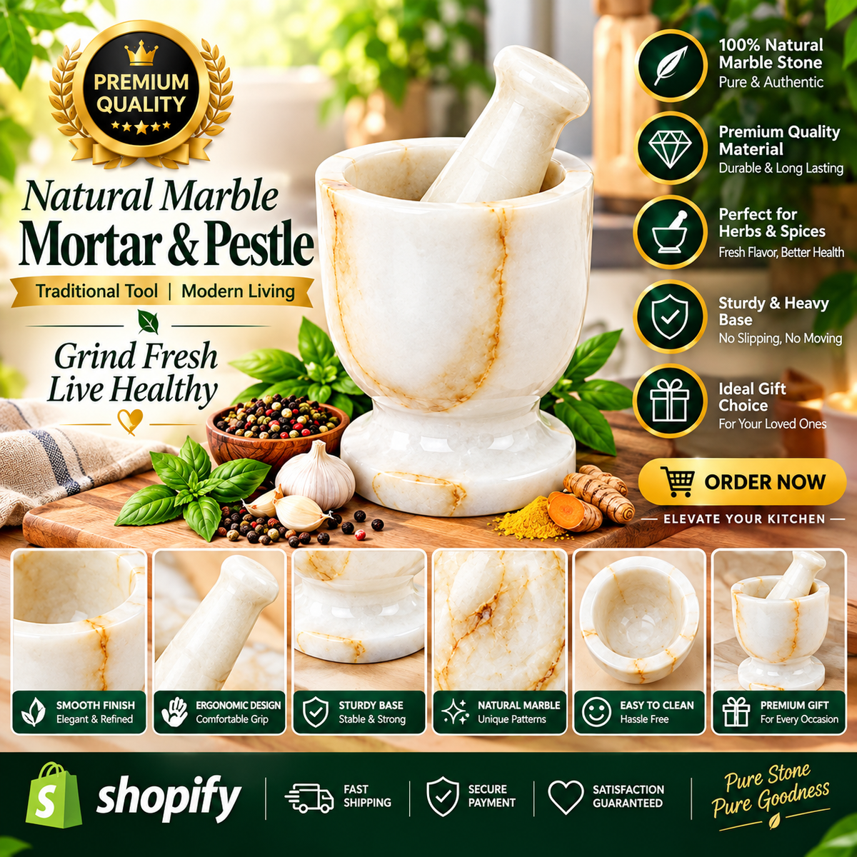 Natural marble mortar and pestle set