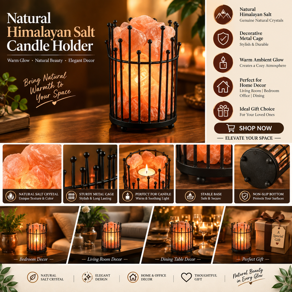 Natural Himalayan Salt Candle Holder – Handcrafted Glow Lamp with Black Metal Cage