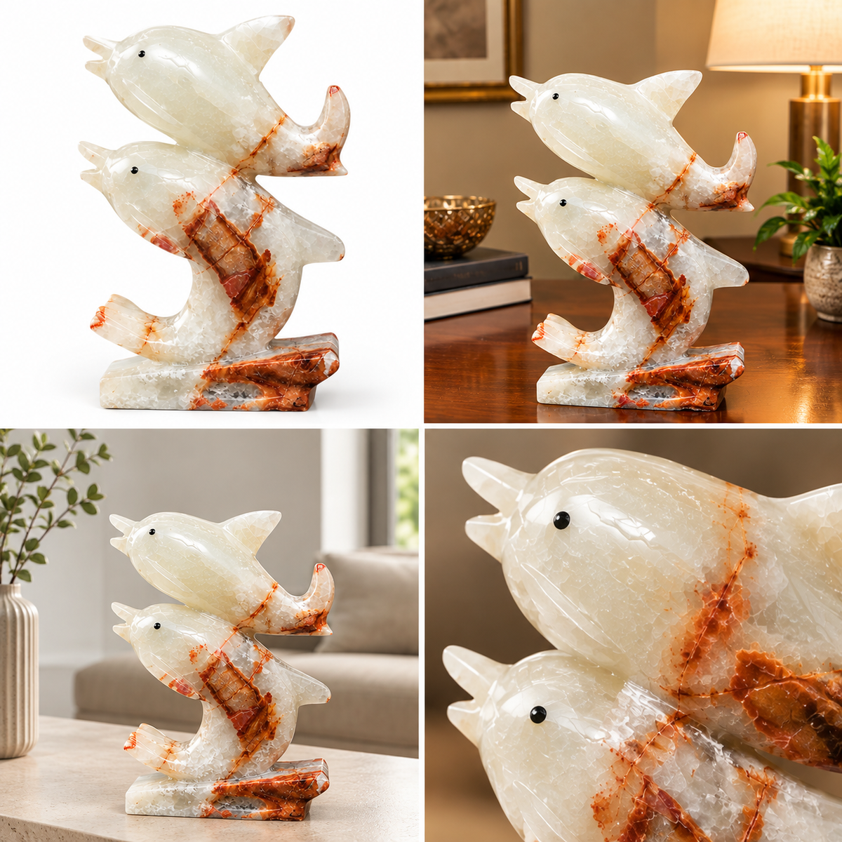 Natural Stone Dolphin Sculpture – Handcrafted Double Dolphin Decorative Figurine