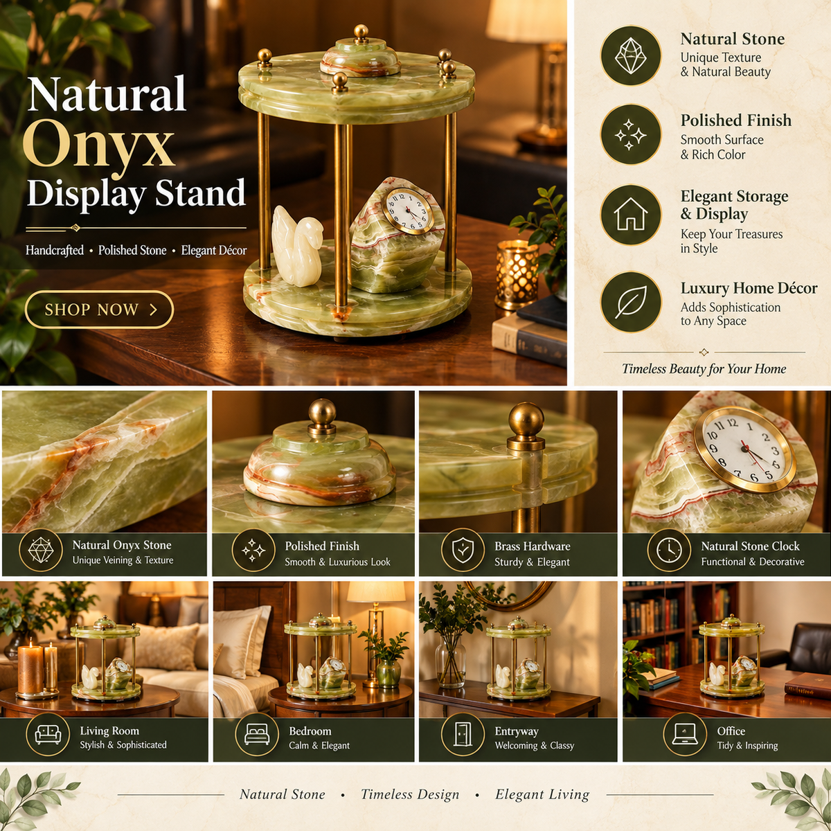 Onyx Pillar Clock|Natural Onyx Display Stand – Handcrafted Stone Decorative Table Organizer with Clock